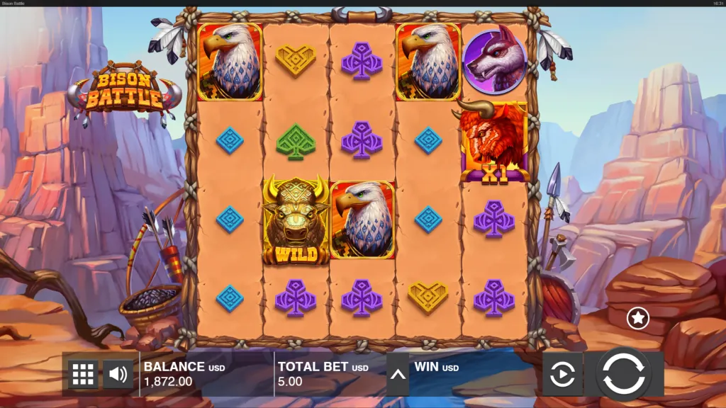 Képernyőkép a Bison Battle slot játékból, a Bison casino egyik népszerű játéka